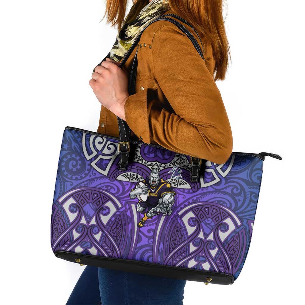 Melbourne Storm Rugby Leather Tote Bag Polynesian Tribal Warrior Lightning Purple Pattern