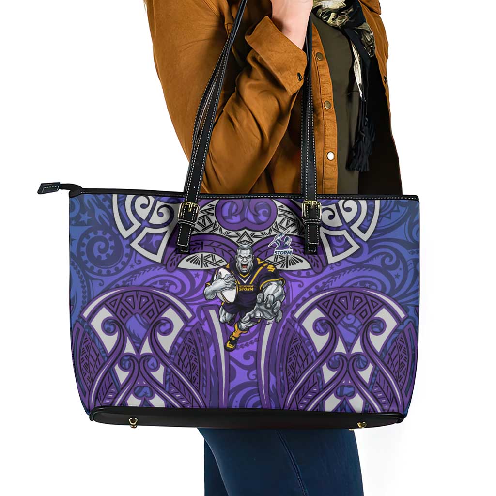 Melbourne Storm Rugby Leather Tote Bag Polynesian Tribal Warrior Lightning Purple Pattern