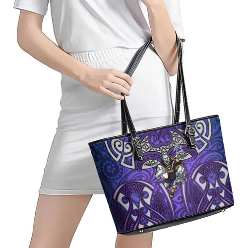 Melbourne Storm Rugby Leather Tote Bag Polynesian Tribal Warrior Lightning Purple Pattern
