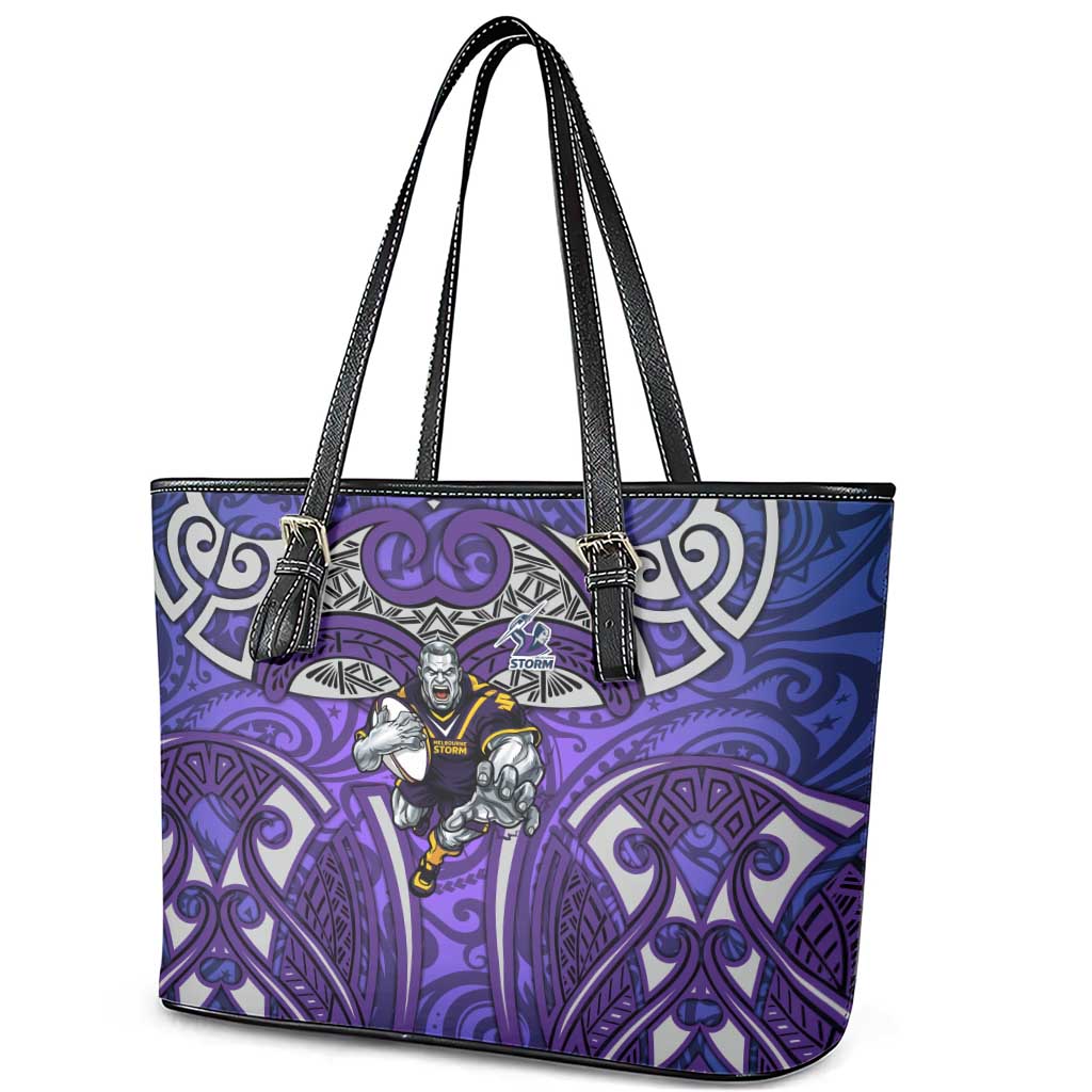 Melbourne Storm Rugby Leather Tote Bag Polynesian Tribal Warrior Lightning Purple Pattern