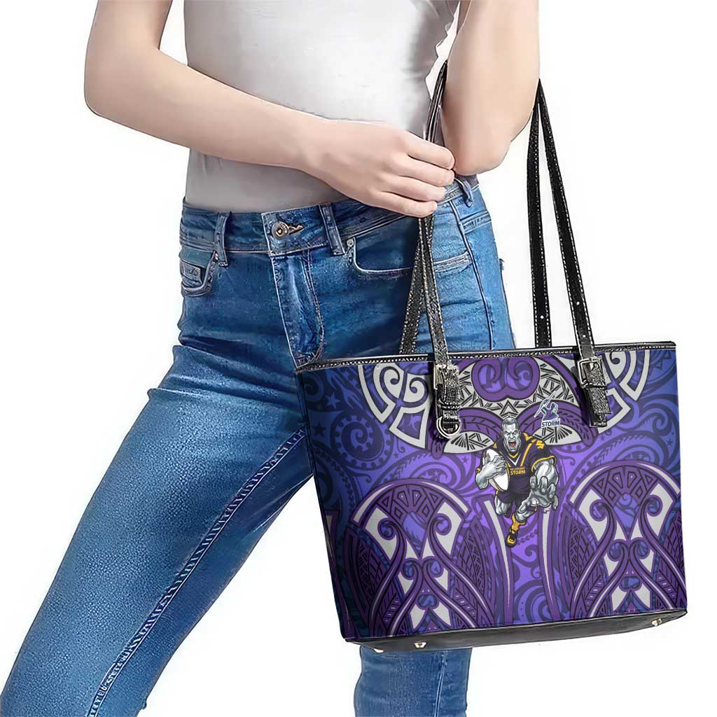 Melbourne Storm Rugby Leather Tote Bag Polynesian Tribal Warrior Lightning Purple Pattern