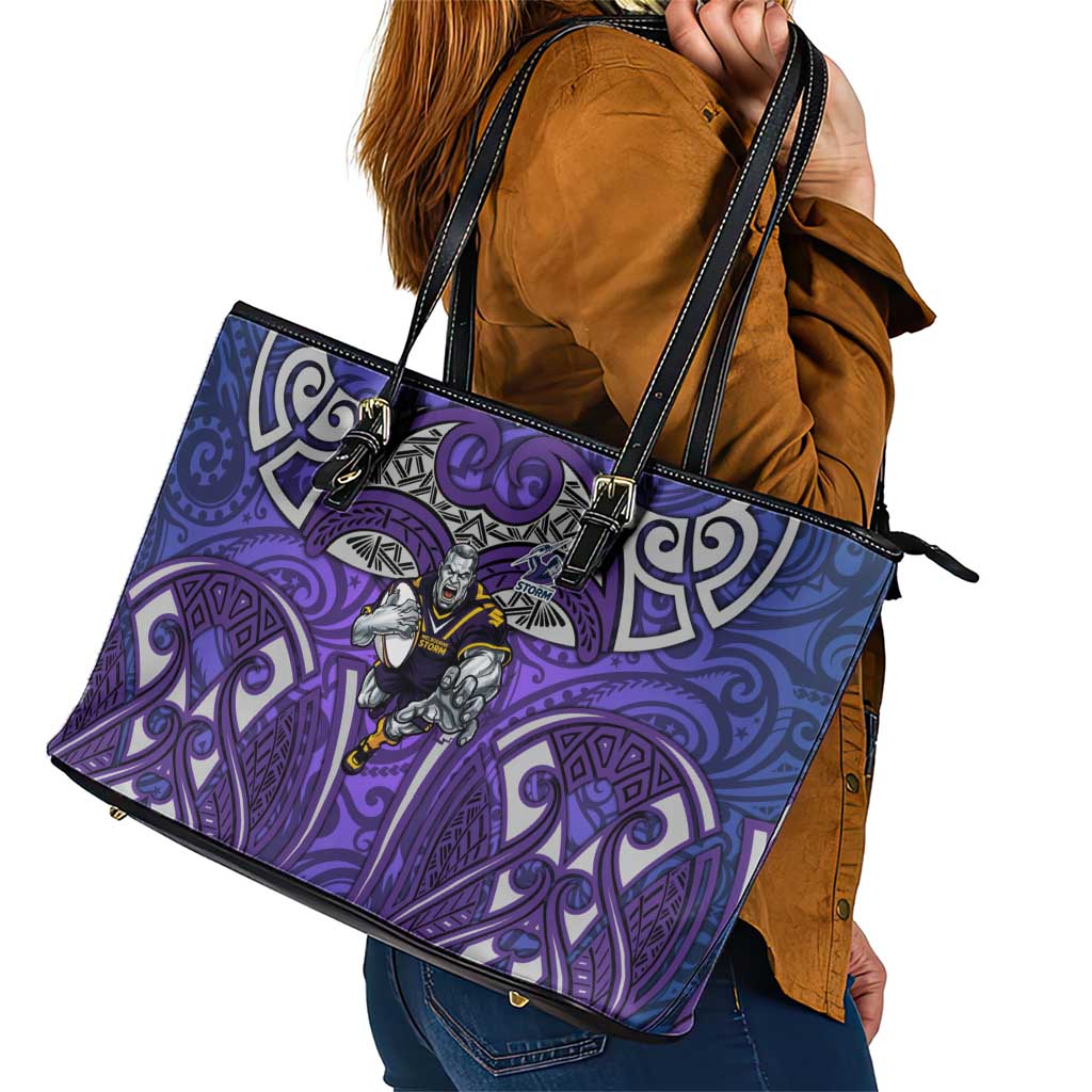 Melbourne Storm Rugby Leather Tote Bag Polynesian Tribal Warrior Lightning Purple Pattern