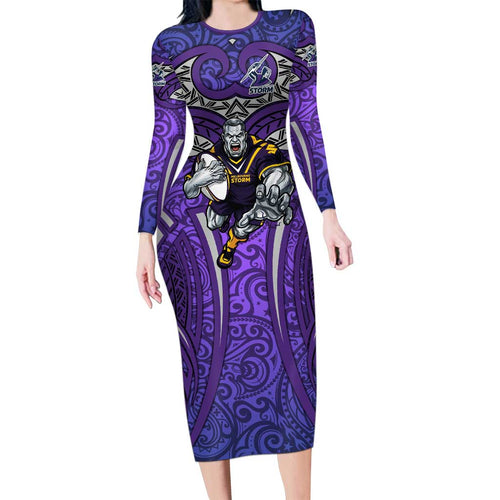 Melbourne Storm Rugby Long Sleeve Bodycon Dress Polynesian Tribal Warrior Lightning Purple Pattern