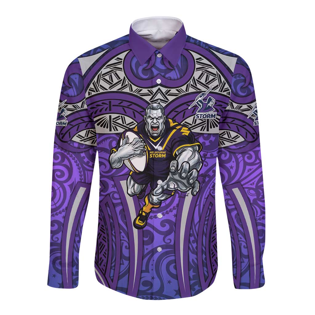 Melbourne Storm Rugby Long Sleeve Button Shirt Polynesian Tribal Warrior Lightning Purple Pattern