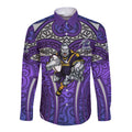 Melbourne Storm Rugby Long Sleeve Button Shirt Polynesian Tribal Warrior Lightning Purple Pattern