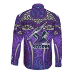 Melbourne Storm Rugby Long Sleeve Button Shirt Polynesian Tribal Warrior Lightning Purple Pattern