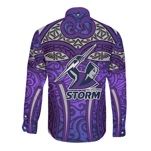 Melbourne Storm Rugby Long Sleeve Button Shirt Polynesian Tribal Warrior Lightning Purple Pattern