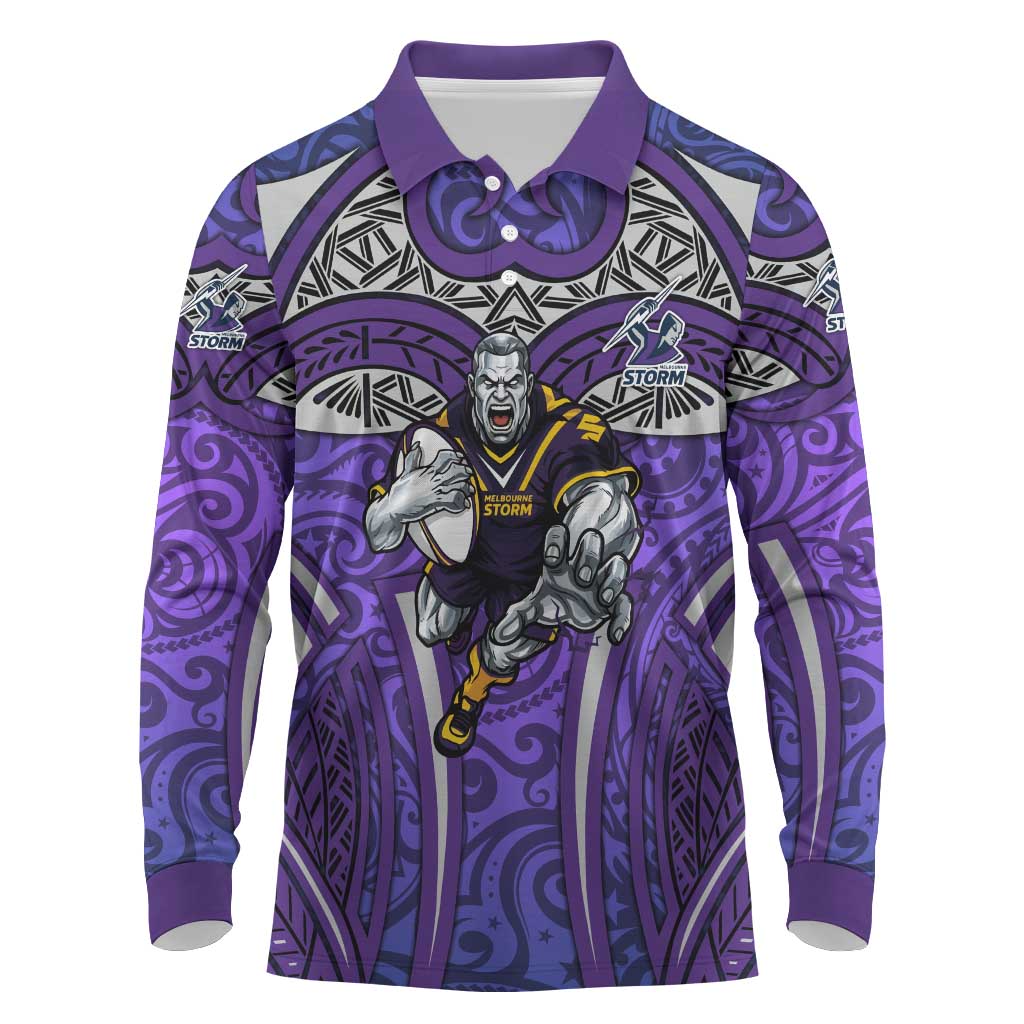 Melbourne Storm Rugby Long Sleeve Polo Shirt Polynesian Tribal Warrior Lightning Purple Pattern