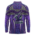 Melbourne Storm Rugby Long Sleeve Polo Shirt Polynesian Tribal Warrior Lightning Purple Pattern