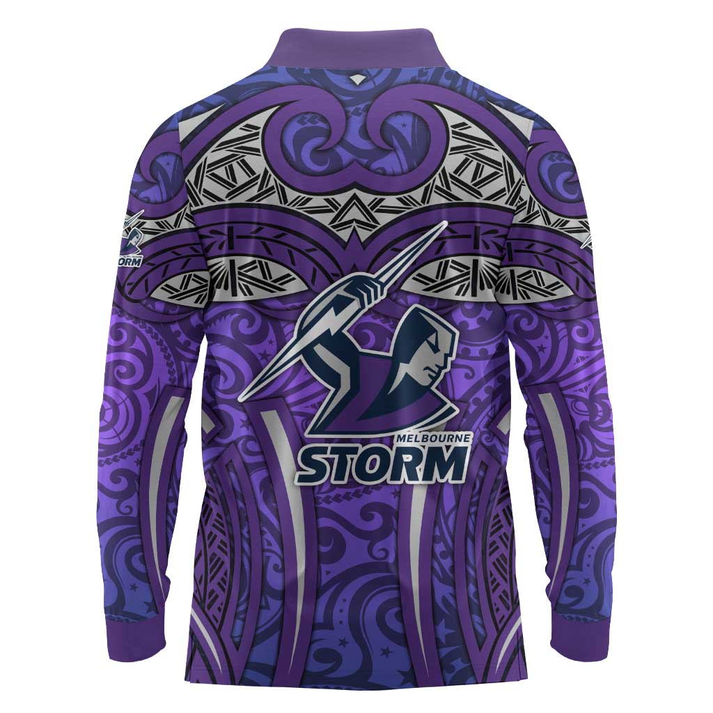 Melbourne Storm Rugby Long Sleeve Polo Shirt Polynesian Tribal Warrior Lightning Purple Pattern