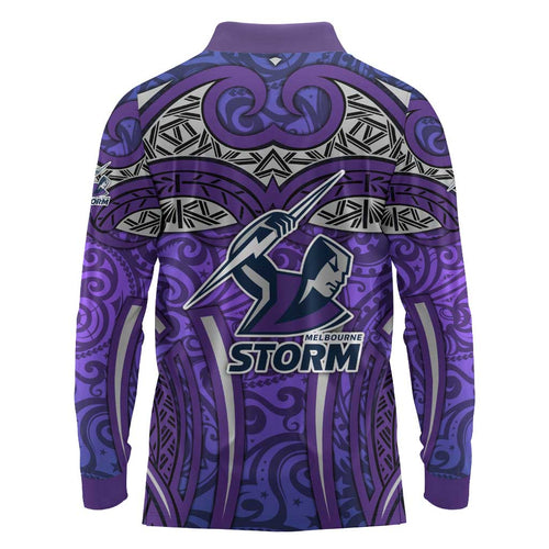 Melbourne Storm Rugby Long Sleeve Polo Shirt Polynesian Tribal Warrior Lightning Purple Pattern