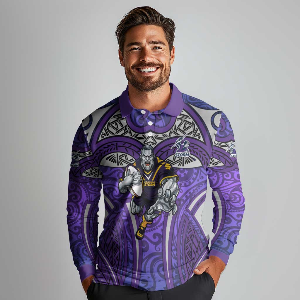 Melbourne Storm Rugby Long Sleeve Polo Shirt Polynesian Tribal Warrior Lightning Purple Pattern