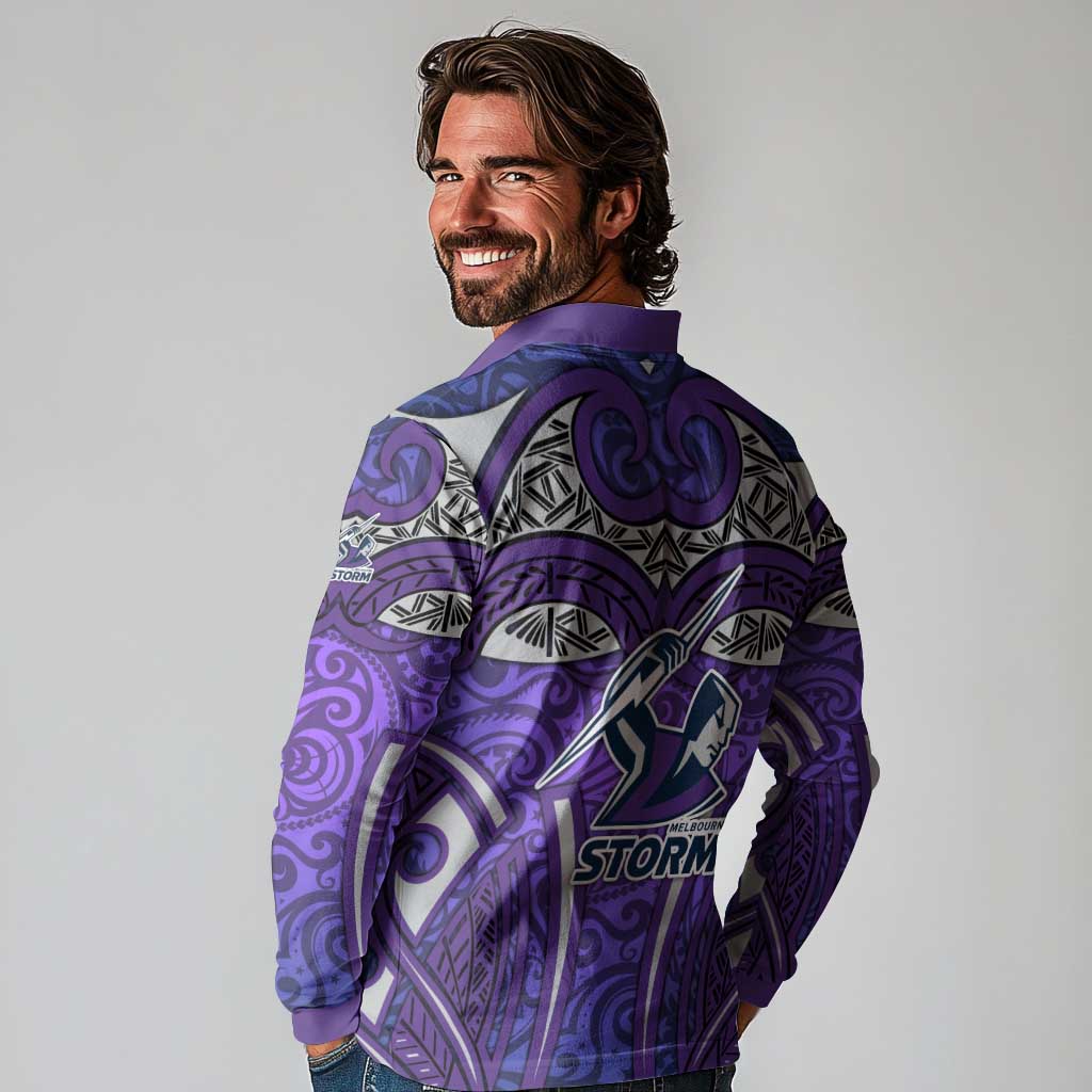 Melbourne Storm Rugby Long Sleeve Polo Shirt Polynesian Tribal Warrior Lightning Purple Pattern