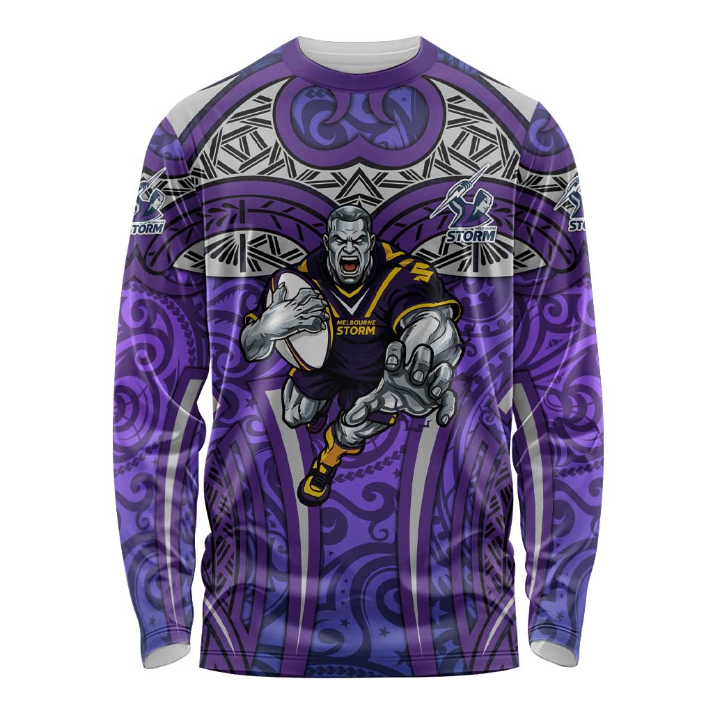 Melbourne Storm Rugby Long Sleeve Shirt Polynesian Tribal Warrior Lightning Purple Pattern