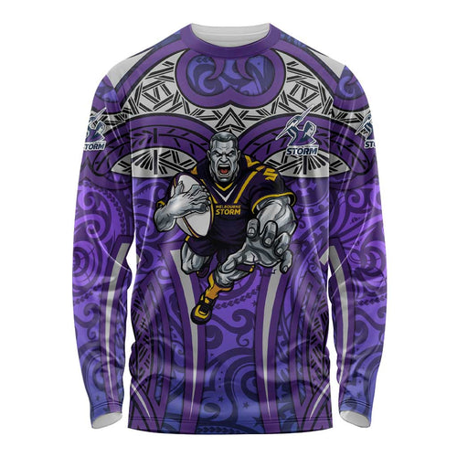 Melbourne Storm Rugby Long Sleeve Shirt Polynesian Tribal Warrior Lightning Purple Pattern