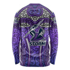 Melbourne Storm Rugby Long Sleeve Shirt Polynesian Tribal Warrior Lightning Purple Pattern