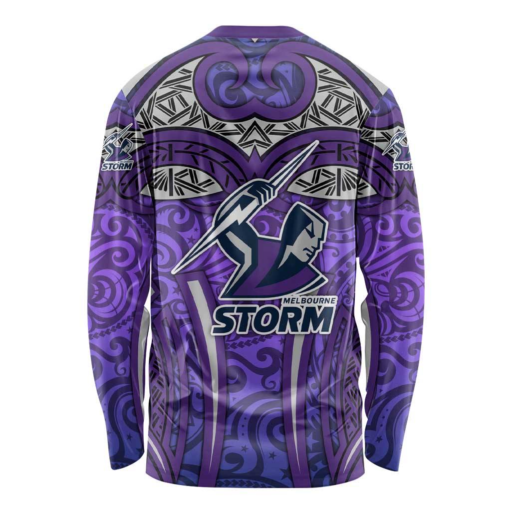 Melbourne Storm Rugby Long Sleeve Shirt Polynesian Tribal Warrior Lightning Purple Pattern