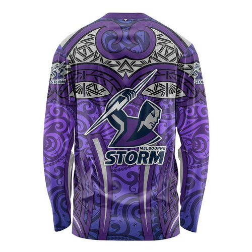 Melbourne Storm Rugby Long Sleeve Shirt Polynesian Tribal Warrior Lightning Purple Pattern