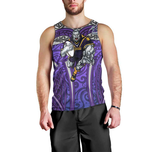 Melbourne Storm Rugby Men Tank Top Polynesian Tribal Warrior Lightning Purple Pattern