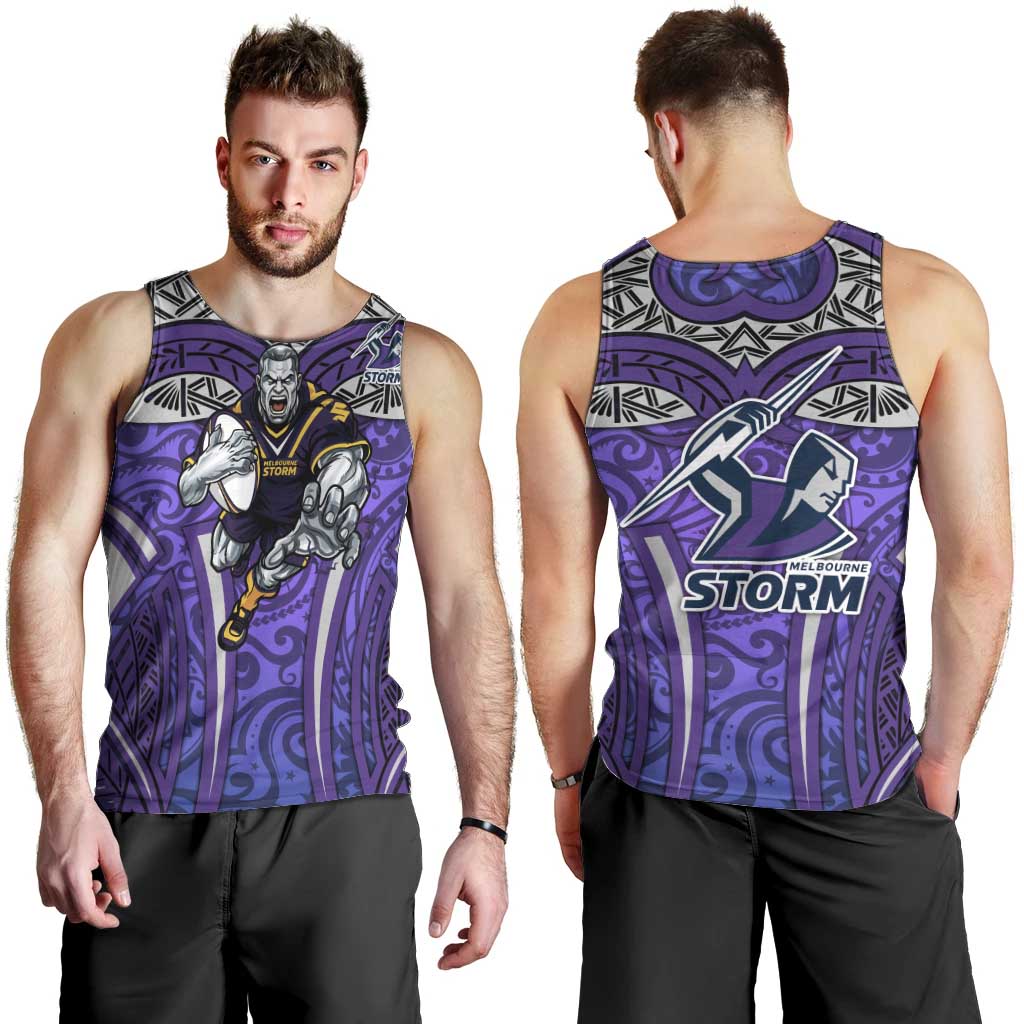 Melbourne Storm Rugby Men Tank Top Polynesian Tribal Warrior Lightning Purple Pattern