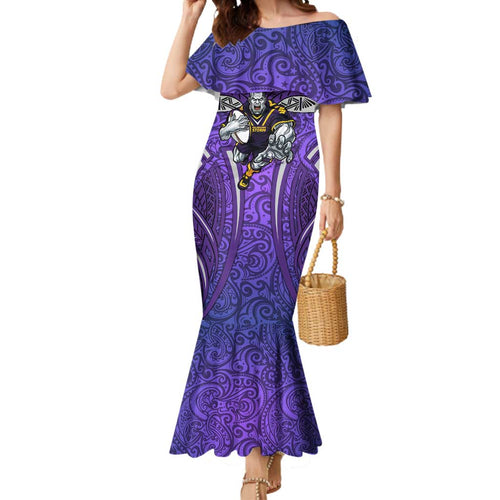 Melbourne Storm Rugby Mermaid Dress Polynesian Tribal Warrior Lightning Purple Pattern