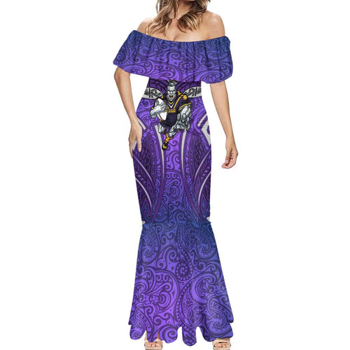 Melbourne Storm Rugby Mermaid Dress Polynesian Tribal Warrior Lightning Purple Pattern