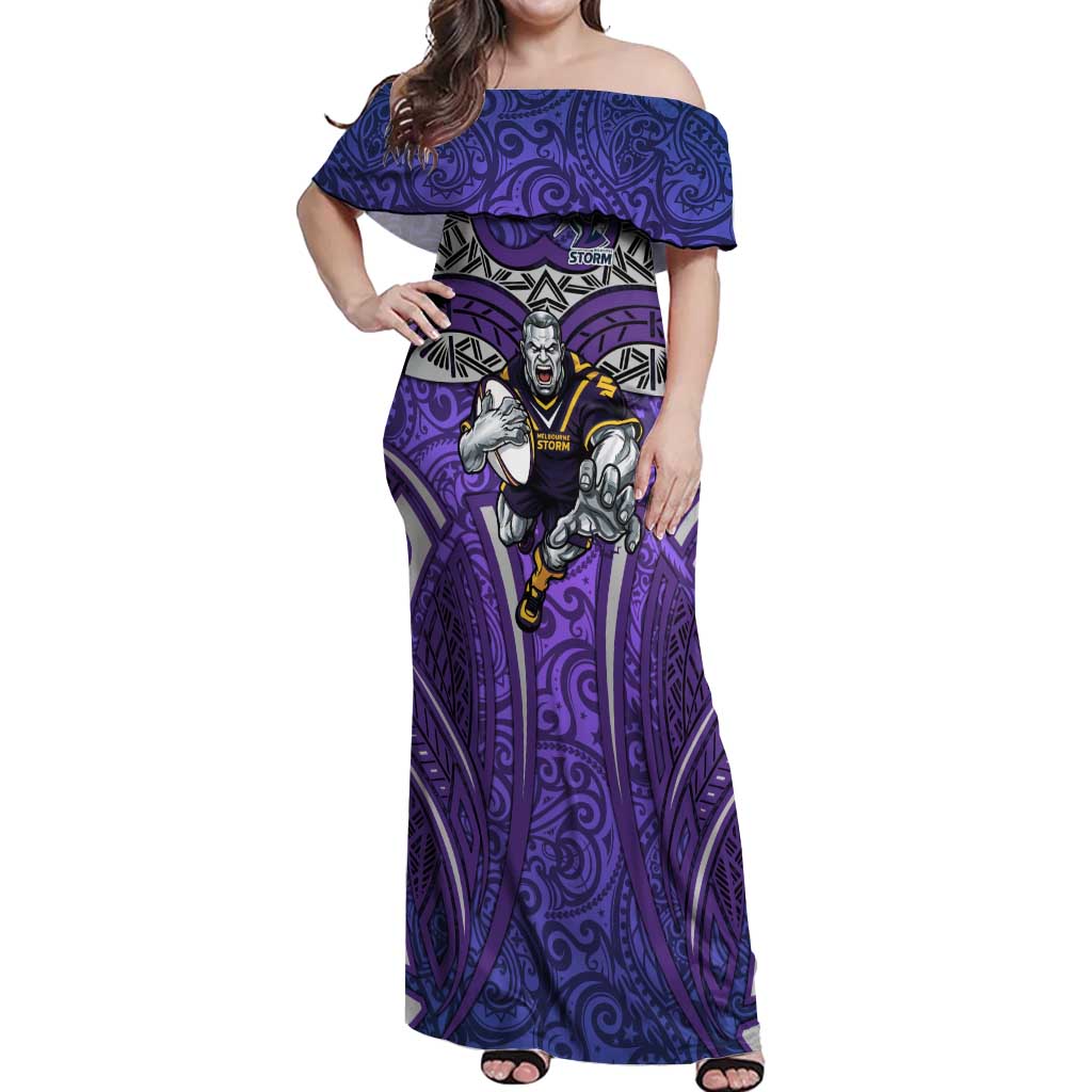 Melbourne Storm Rugby Off Shoulder Maxi Dress Polynesian Tribal Warrior Lightning Purple Pattern