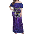 Melbourne Storm Rugby Off Shoulder Maxi Dress Polynesian Tribal Warrior Lightning Purple Pattern