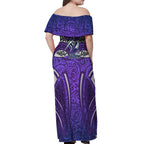 Melbourne Storm Rugby Off Shoulder Maxi Dress Polynesian Tribal Warrior Lightning Purple Pattern