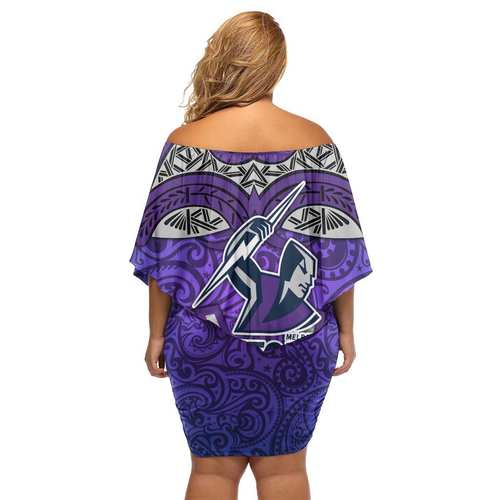 Melbourne Storm Rugby Off Shoulder Short Dress Polynesian Tribal Warrior Lightning Purple Pattern