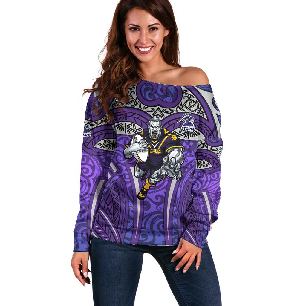 Melbourne Storm Rugby Off Shoulder Sweater Polynesian Tribal Warrior Lightning Purple Pattern