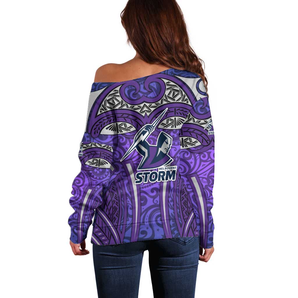 Melbourne Storm Rugby Off Shoulder Sweater Polynesian Tribal Warrior Lightning Purple Pattern
