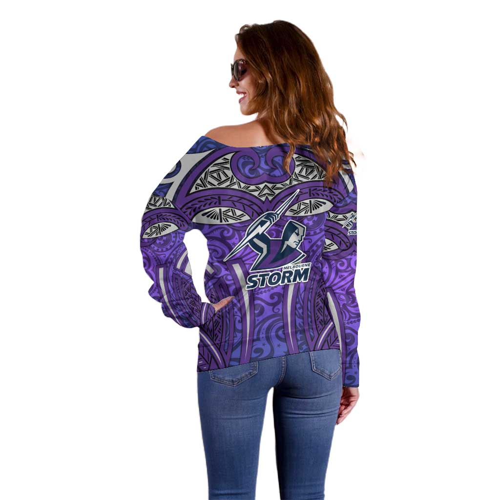 Melbourne Storm Rugby Off Shoulder Sweater Polynesian Tribal Warrior Lightning Purple Pattern
