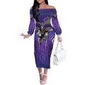 Melbourne Storm Rugby Off The Shoulder Long Sleeve Dress Polynesian Tribal Warrior Lightning Purple Pattern