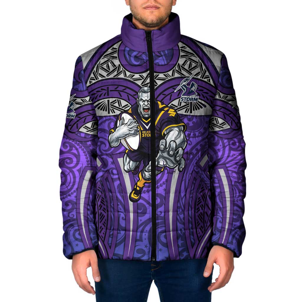 Melbourne Storm Rugby Padded Jacket Polynesian Tribal Warrior Lightning Purple Pattern
