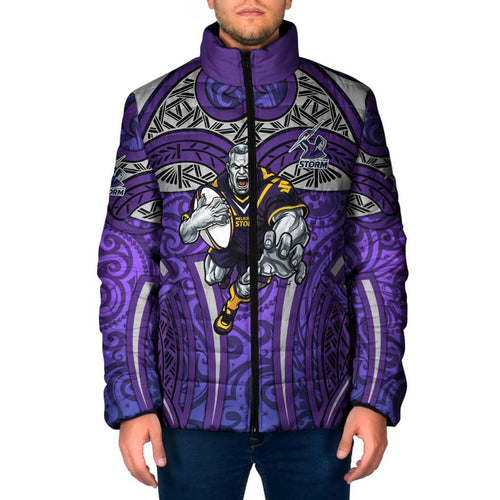 Melbourne Storm Rugby Padded Jacket Polynesian Tribal Warrior Lightning Purple Pattern