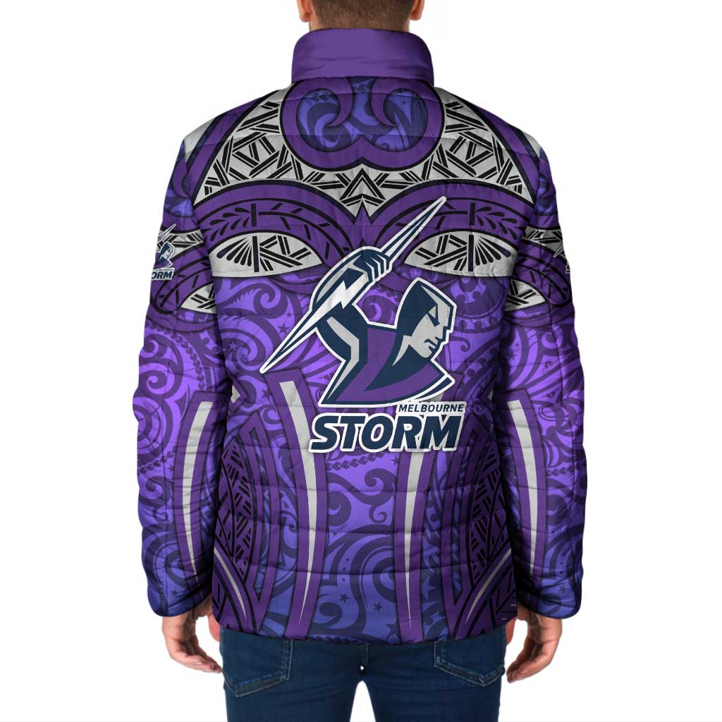 Melbourne Storm Rugby Padded Jacket Polynesian Tribal Warrior Lightning Purple Pattern