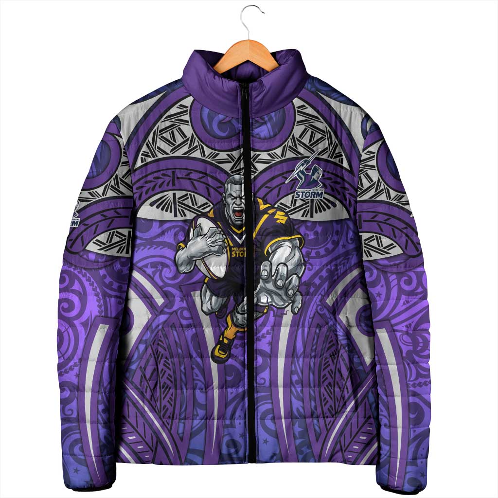 Melbourne Storm Rugby Padded Jacket Polynesian Tribal Warrior Lightning Purple Pattern