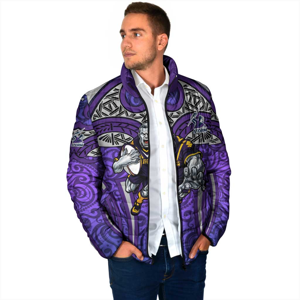 Melbourne Storm Rugby Padded Jacket Polynesian Tribal Warrior Lightning Purple Pattern