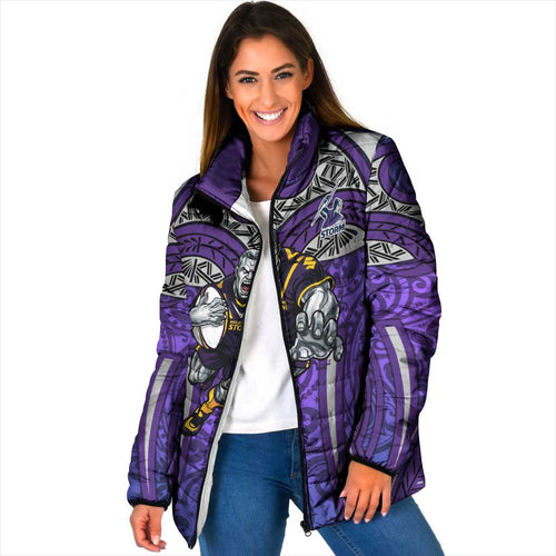 Melbourne Storm Rugby Padded Jacket Polynesian Tribal Warrior Lightning Purple Pattern