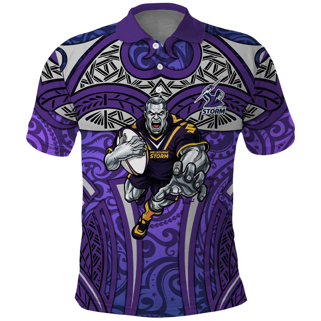 Melbourne Storm Rugby Polo Shirt Polynesian Tribal Warrior Lightning Purple Pattern