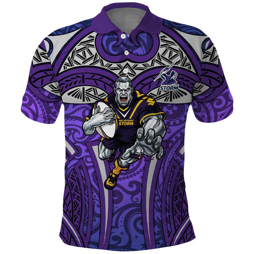 Melbourne Storm Rugby Polo Shirt Polynesian Tribal Warrior Lightning Purple Pattern