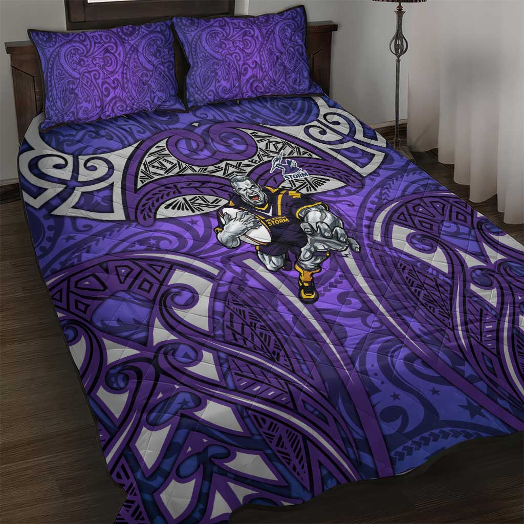 Melbourne Storm Rugby Quilt Bed Set Polynesian Tribal Warrior Lightning Purple Pattern
