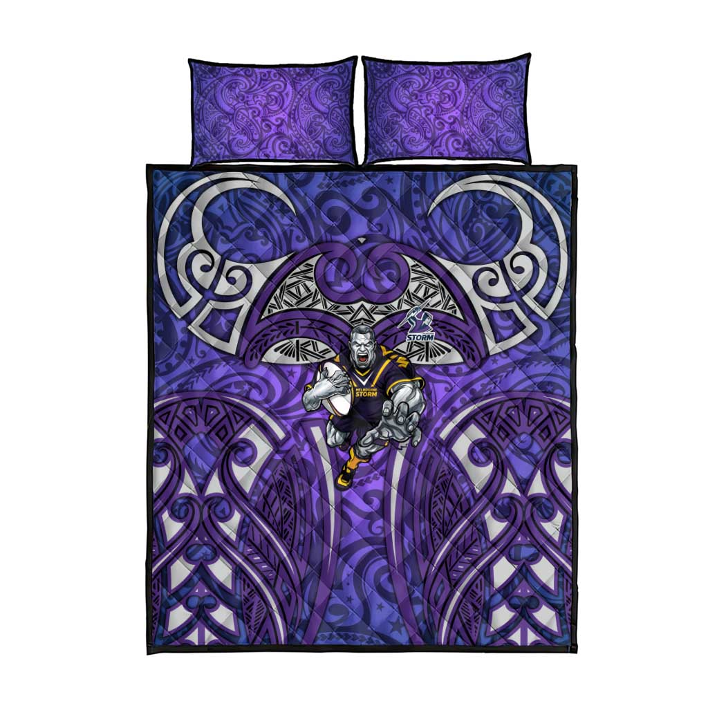 Melbourne Storm Rugby Quilt Bed Set Polynesian Tribal Warrior Lightning Purple Pattern