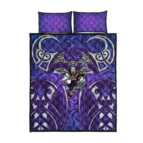 Melbourne Storm Rugby Quilt Bed Set Polynesian Tribal Warrior Lightning Purple Pattern