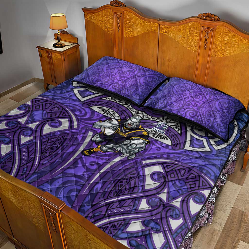 Melbourne Storm Rugby Quilt Bed Set Polynesian Tribal Warrior Lightning Purple Pattern