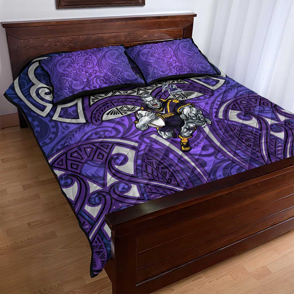 Melbourne Storm Rugby Quilt Bed Set Polynesian Tribal Warrior Lightning Purple Pattern