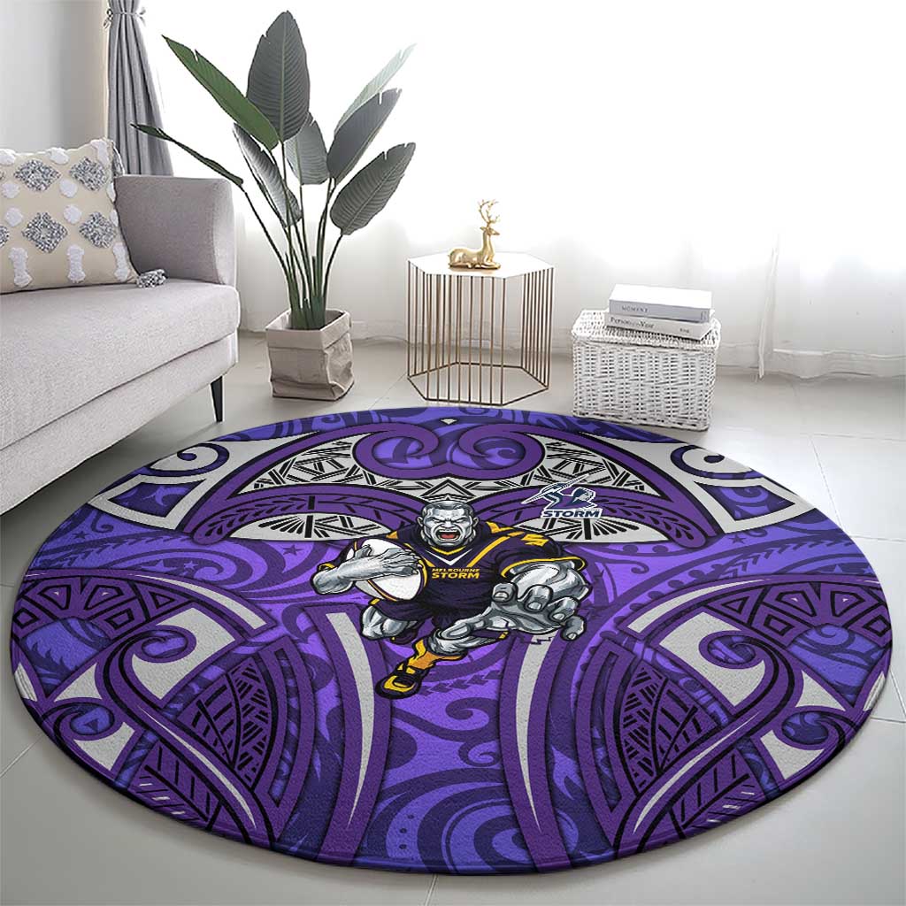 Melbourne Storm Rugby Round Carpet Polynesian Tribal Warrior Lightning Purple Pattern