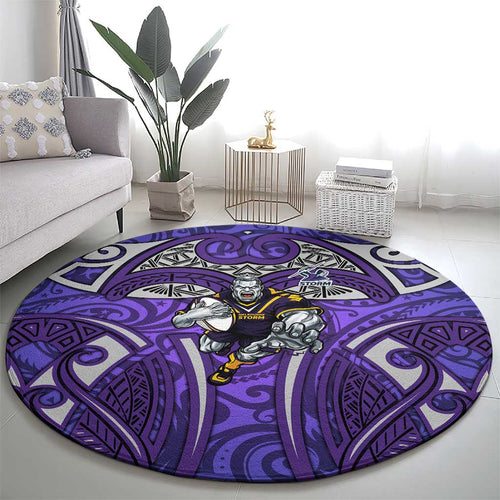 Melbourne Storm Rugby Round Carpet Polynesian Tribal Warrior Lightning Purple Pattern
