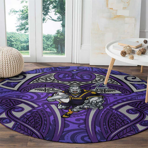Melbourne Storm Rugby Round Carpet Polynesian Tribal Warrior Lightning Purple Pattern